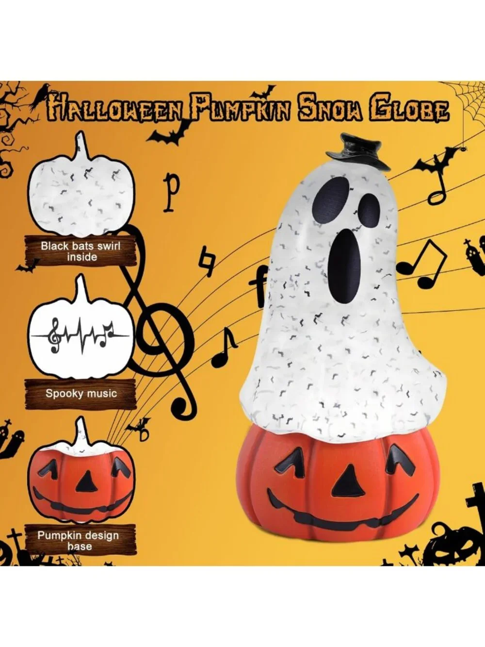Spooky Halloween Snow Globe Lantern with Ghost & Pumpkin | Musical Glitter Decor